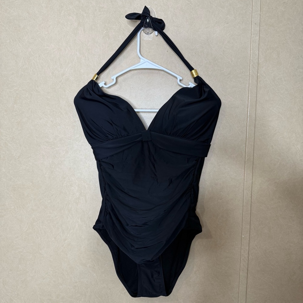 Aqua Eve Halter Black One Piece Swimsuit NWT Size Large